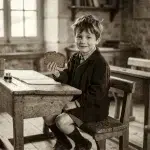 Un écolier des années 1930 tenant une tranche de pain d